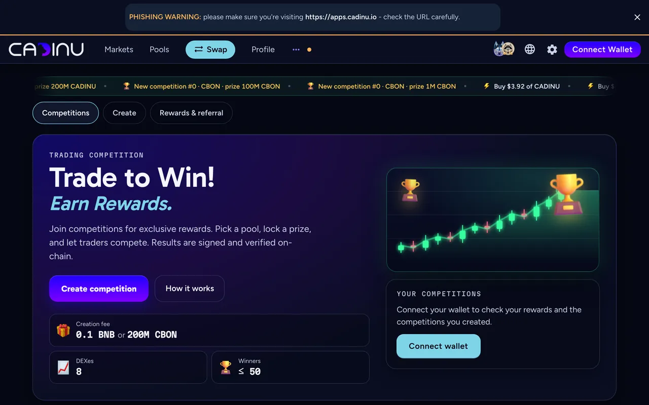 The competitions page: Trade to Win, Create competition, and the creation fee of 0.1 BNB or 200M CBON