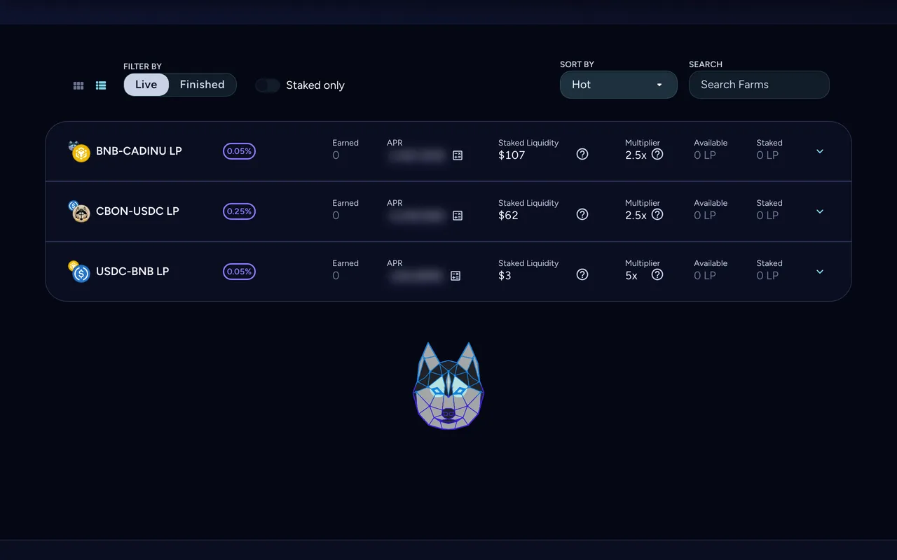 The Farms list on apps.cadinu.io: BNB-CADINU 0.05%, CBON-USDC 0.25% and USDC-BNB 0.05% with staked liquidity and multipliers