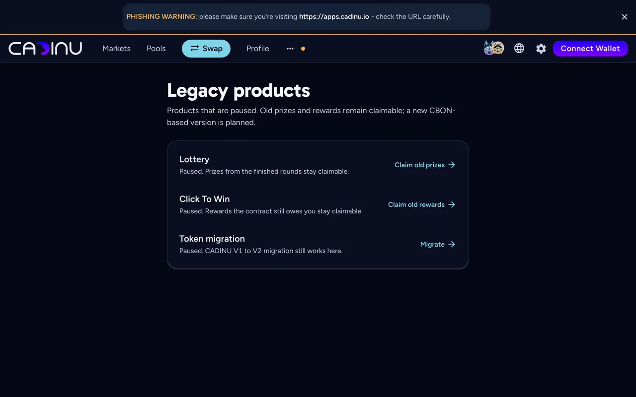 The Legacy products page on apps.cadinu.io: Lottery, Click To Win and Token migration, each with its claim or migrate button
