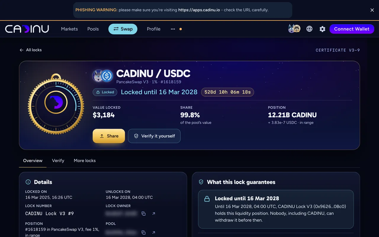 A lock certificate: CADINU / USDC locked until 16 March 2028, value, share of the pool, position, Share and Verify it yourself