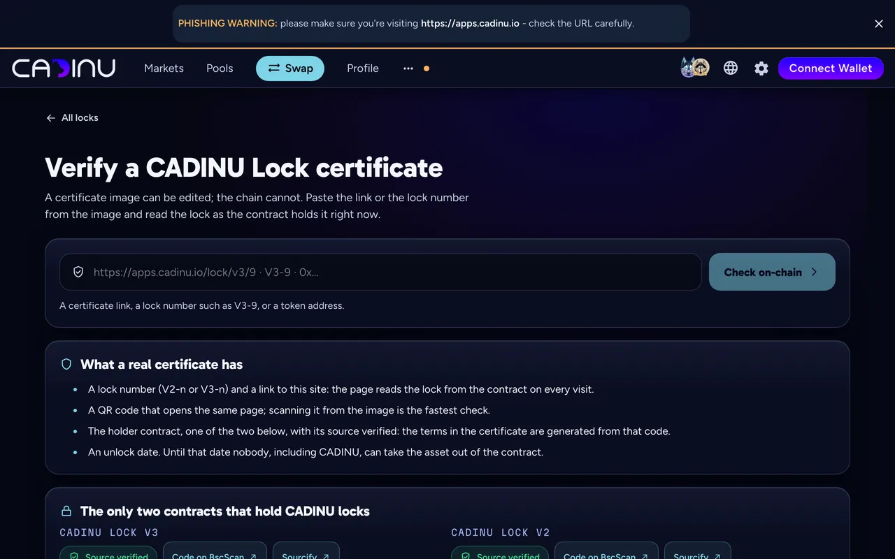 Verify a CADINU Lock certificate: paste a link, a lock number or a token address and check on chain