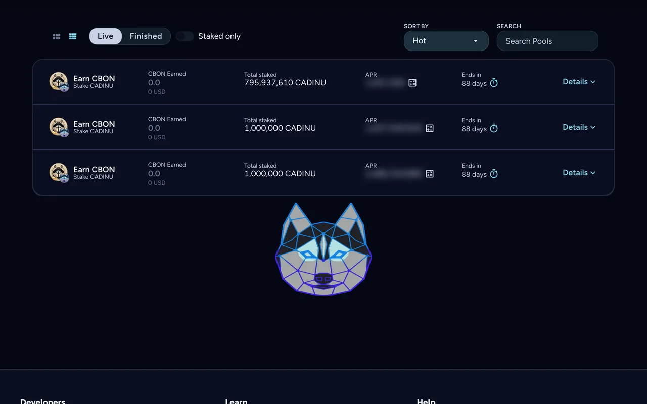 The Staking Pools list: three Earn CBON / Stake CADINU pools with total staked and the days left