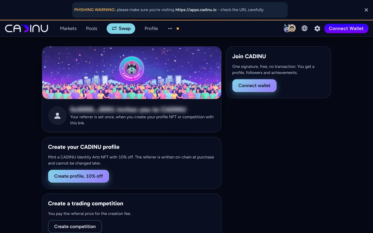 The referral landing page: create your CADINU profile with 10% off, or create a trading competition at the referral price
