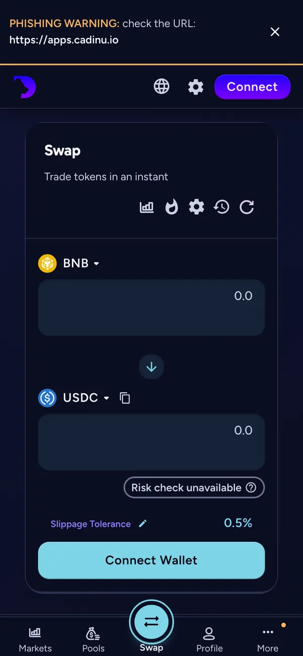 The swap form on a phone: token pair, amount and the Connect Wallet button