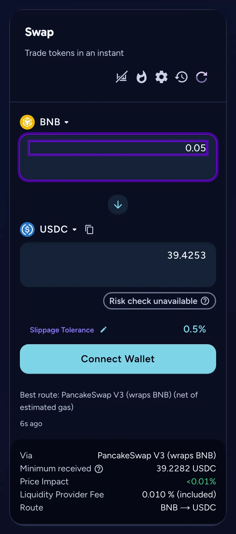 The CADINU swap form with 0.05 BNB entered: the quote shows the best route, minimum received, price impact and the liquidity-provider fee