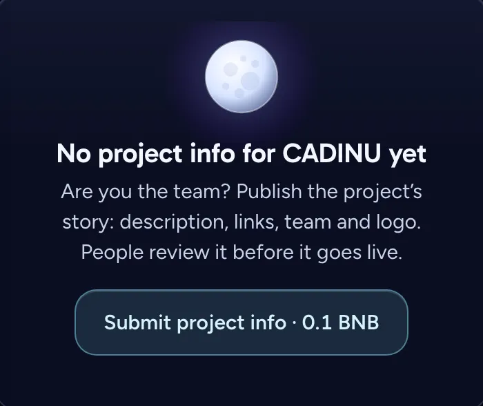 The project info card on a token page: Are you the team? Publish the project's story, Submit project info, 0.1 BNB